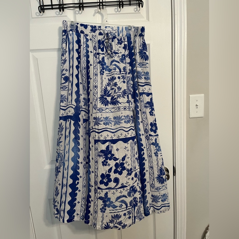 Blue and White Floral Patchwork Midi Skirt